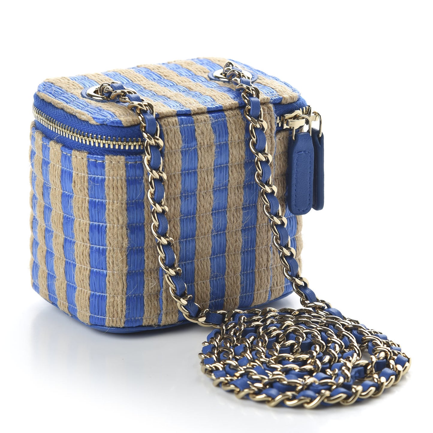 Raffia Jute Striped Mini Vanity Case With Chain Blue Beige