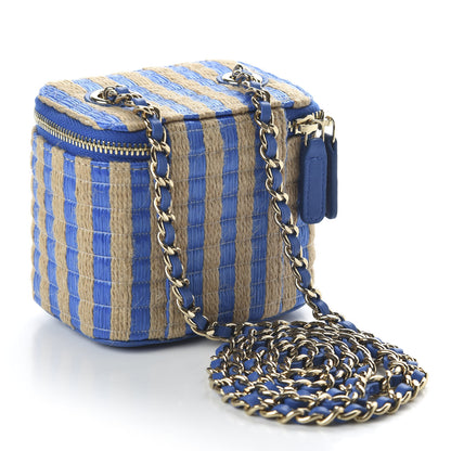 Chanel Raffia Jute Striped Mini Vanity Case With Chain Blue Beige 3 of 11