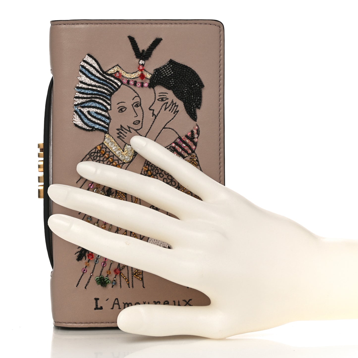 Lambskin Embroidered L'amoureux Tarot Pouch Clutch Vieux Rose