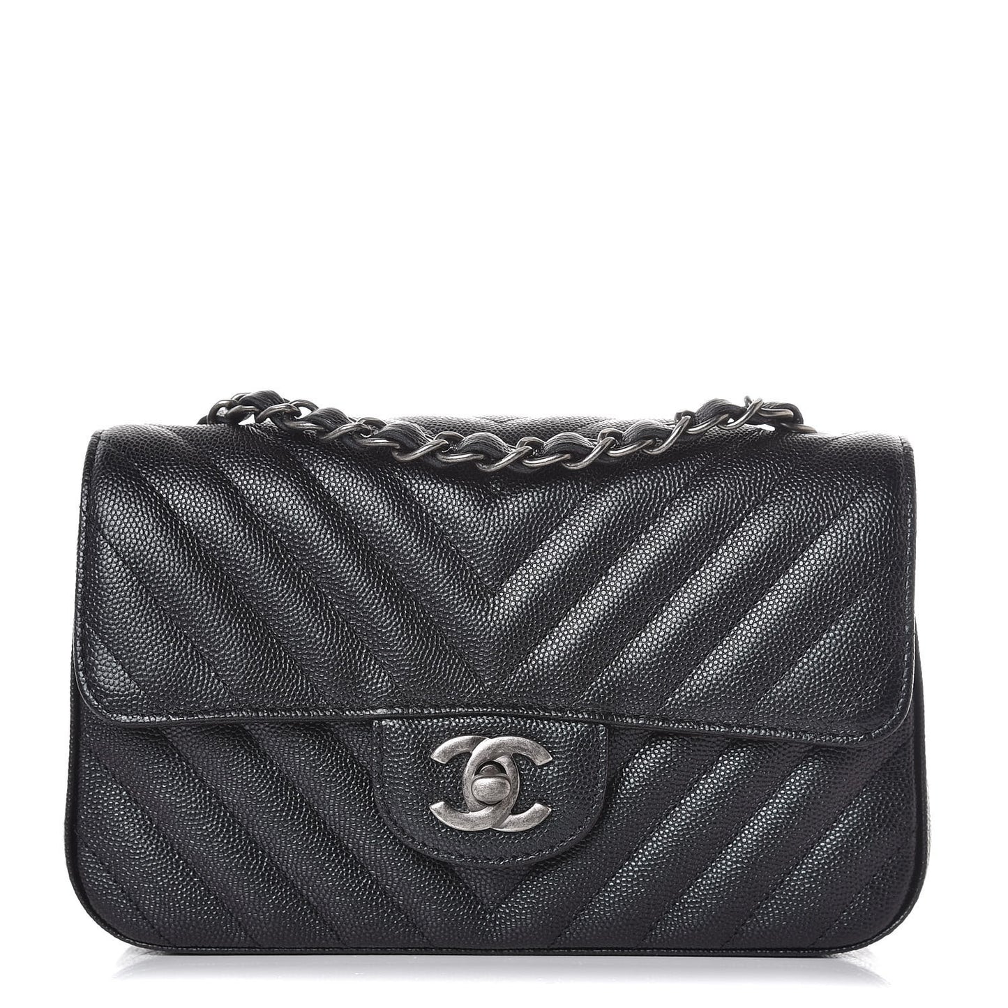 Metallic Caviar Chevron Quilted Mini Rectangular Flap Black