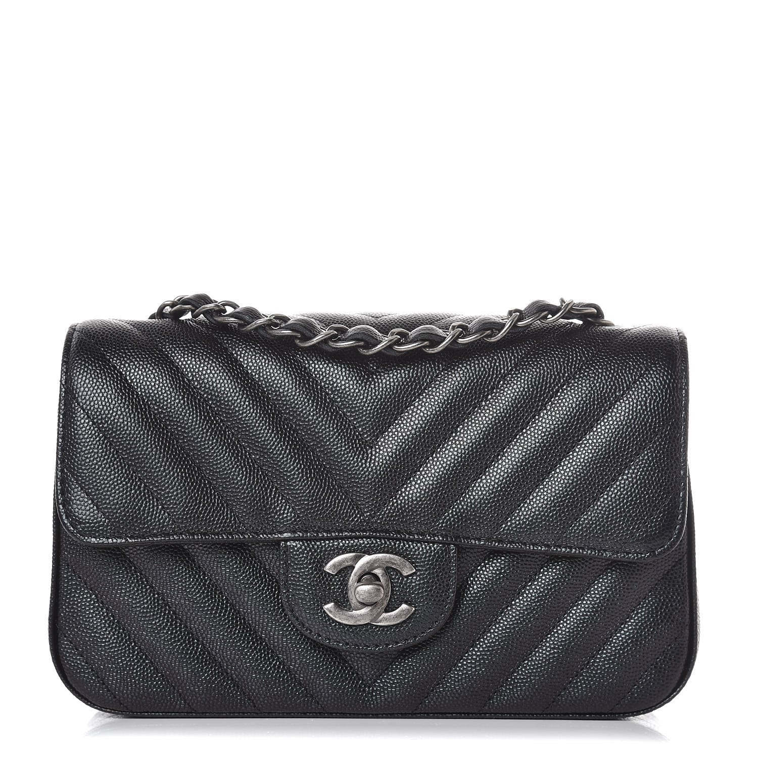 Chanel Metallic Caviar Chevron Quilted Mini Rectangular Flap Black 2 of 8