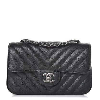 Chanel Metallic Caviar Chevron Quilted Mini Rectangular Flap Black 2 of 8