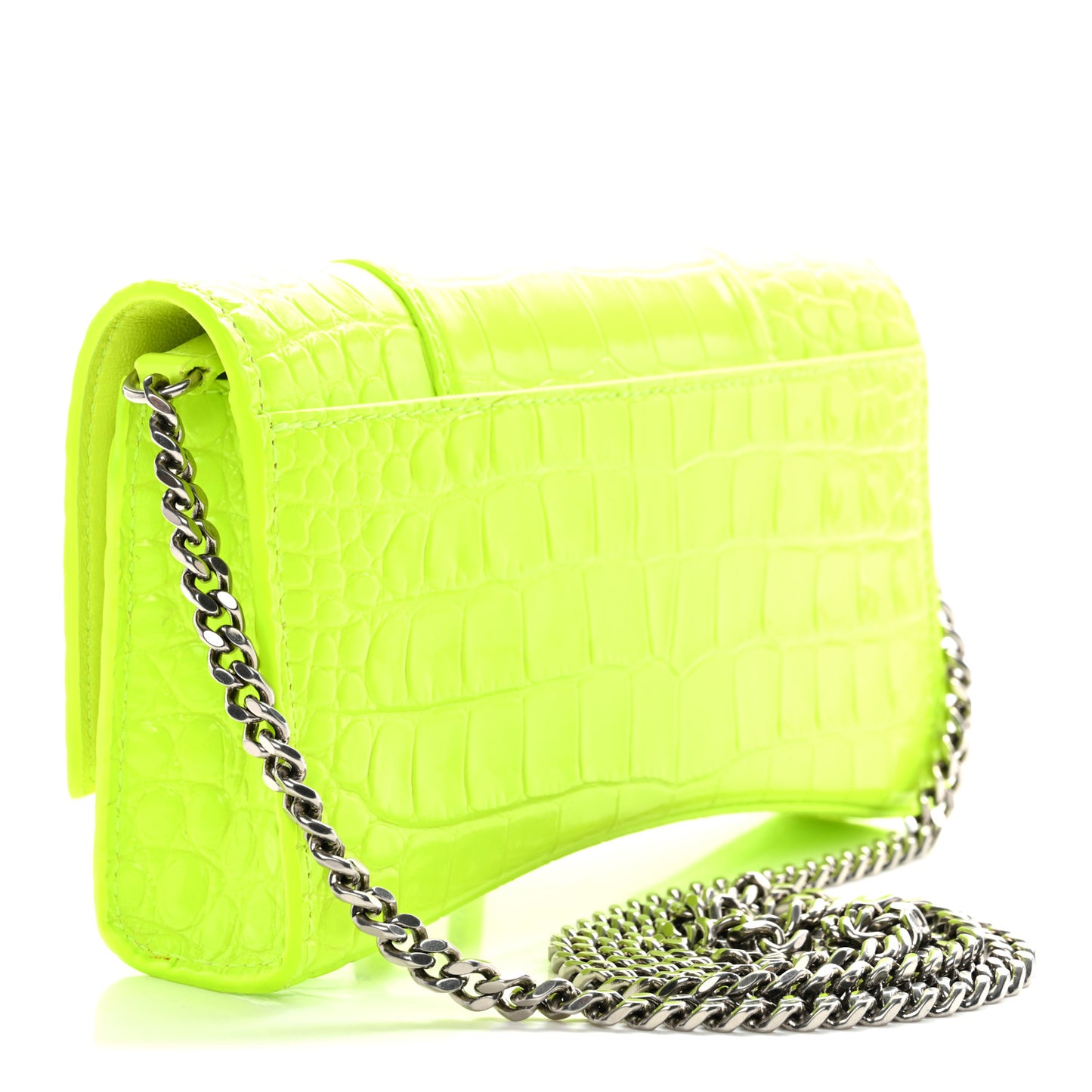 Shiny Calfskin Crocodile Embossed Hourglass Chain Bag Fluo Yellow