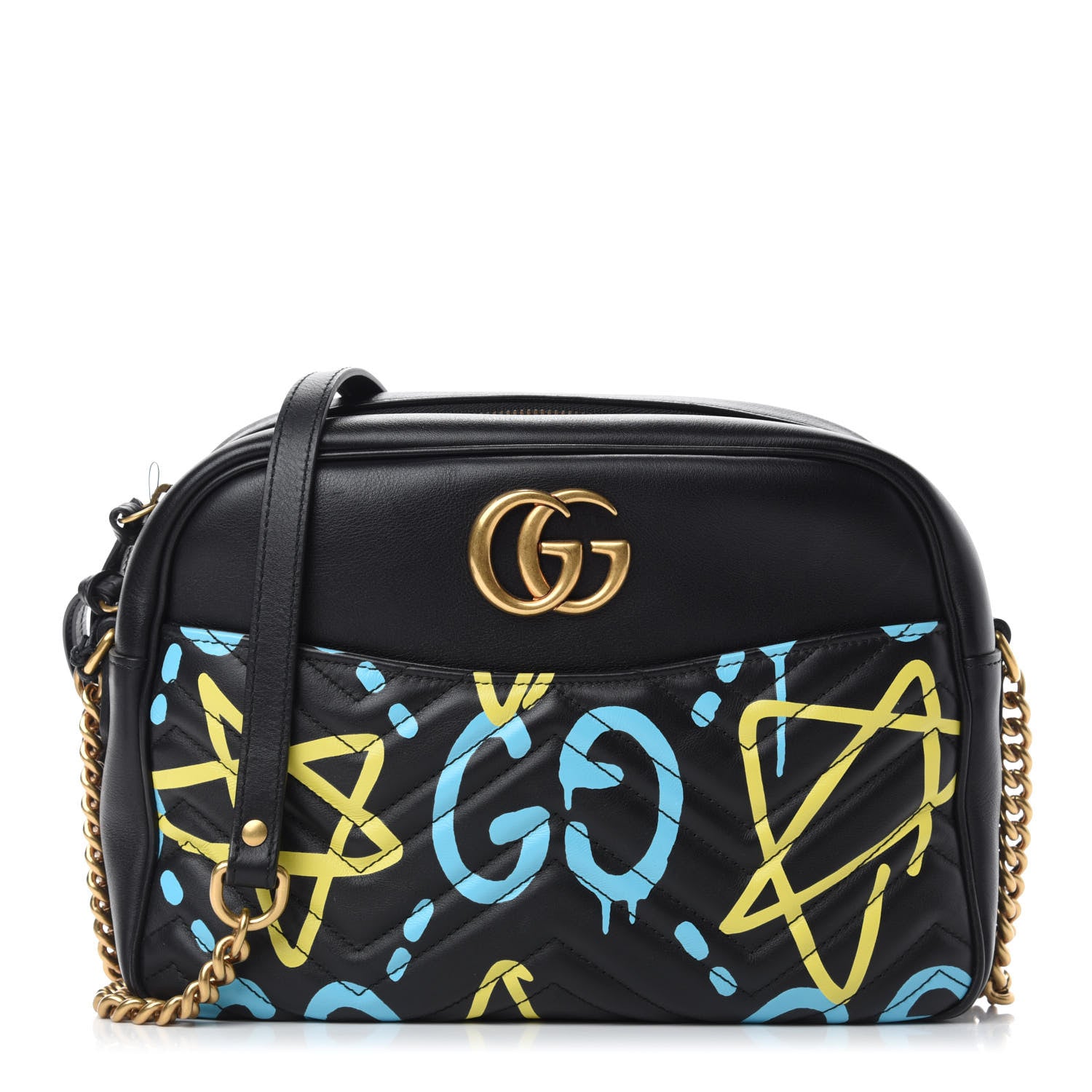 Gucci Calfskin Matelasse GucciGhost Medium GG Marmont Chain Shoulder Bag Black New Acquamarine 1 of 11