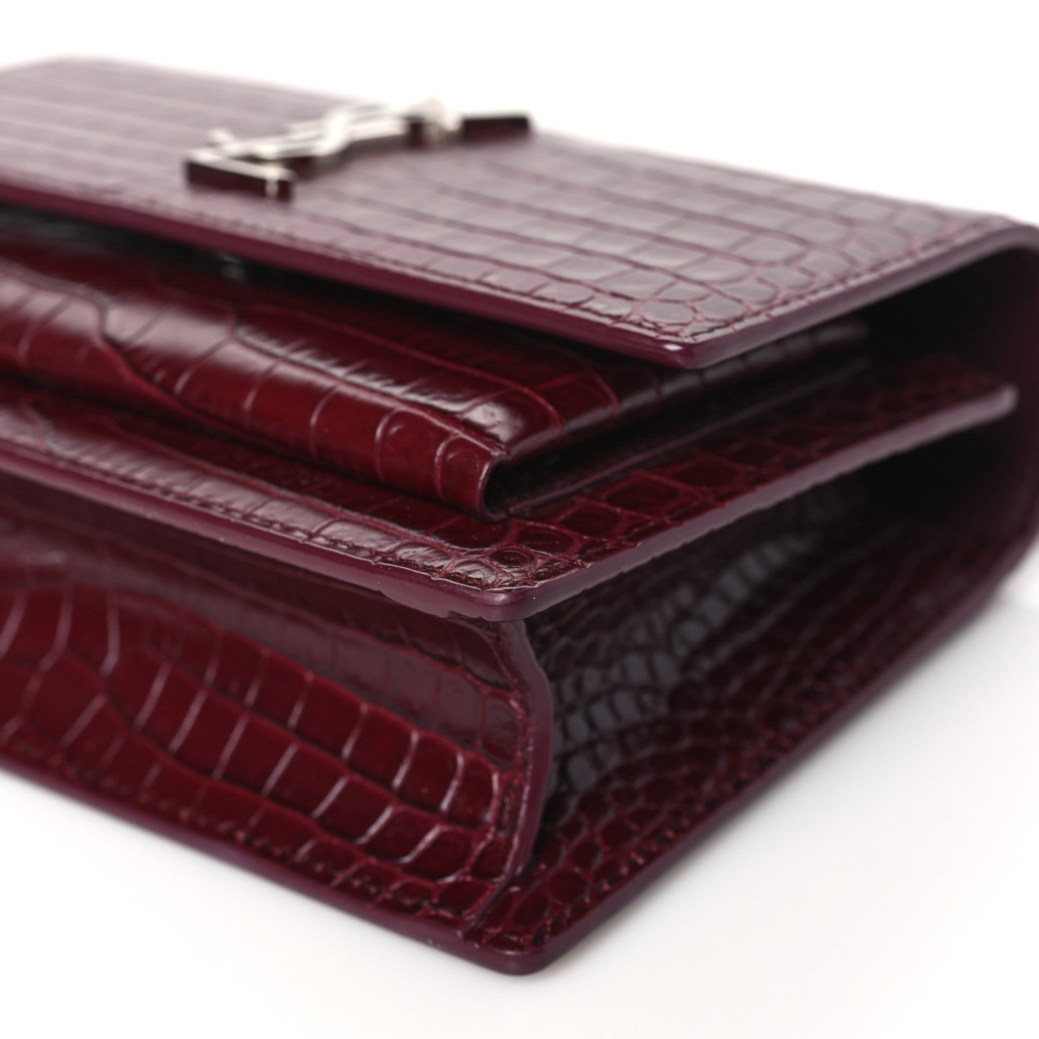 Saint Laurent Calfskin Crocodile Embossed Monogram Sunset Chain Wallet Rouge Legion 10 of 12