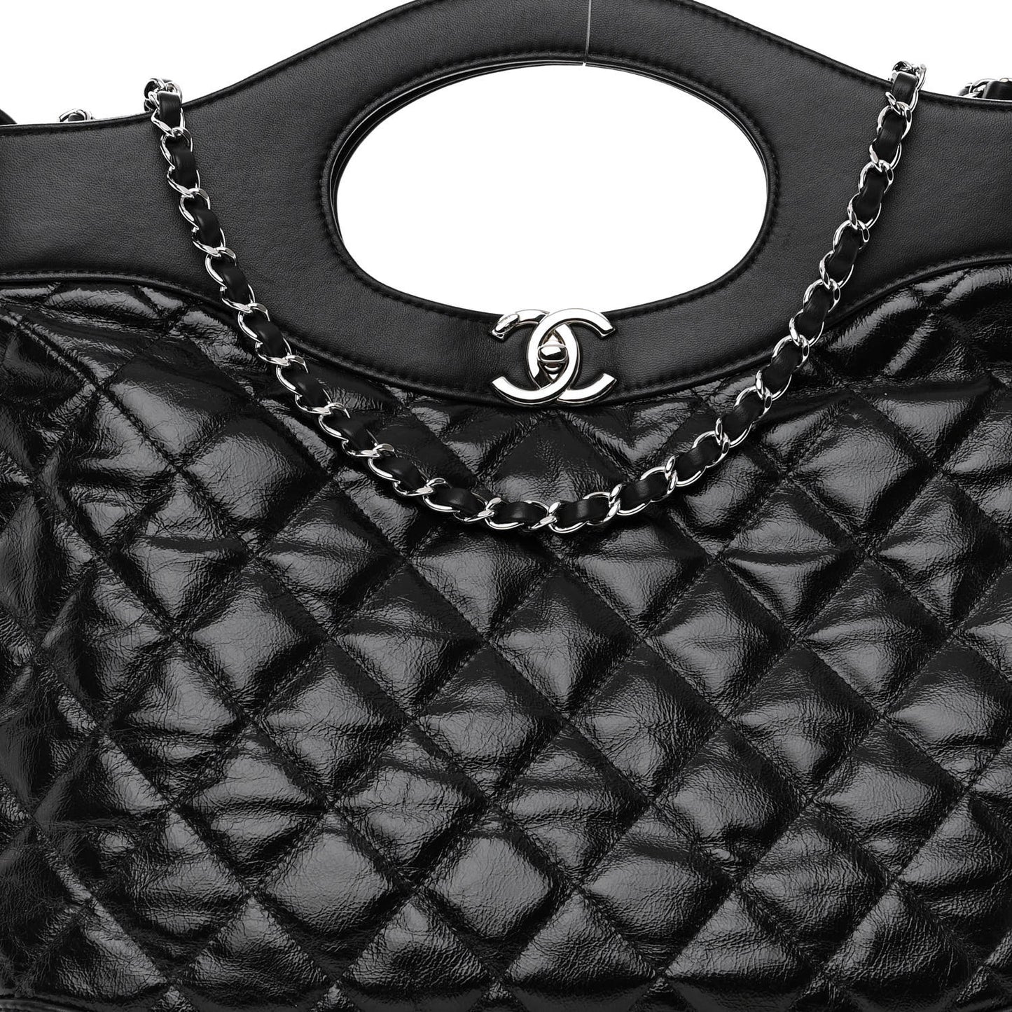 Shiny Aged Calfskin Quilted Large 31 Shopping Bag Black