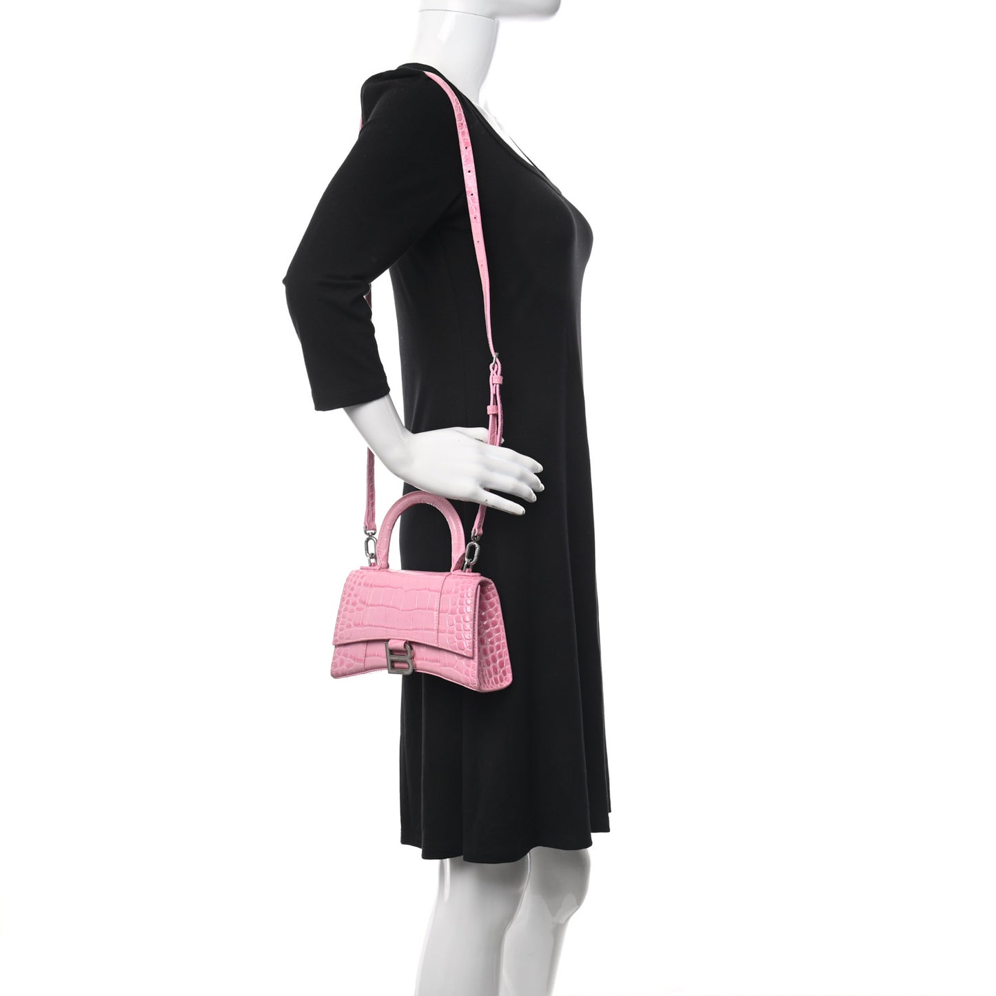 Shiny Calfskin Crocodile Embossed Hourglass Top Handle Bag XS Pink