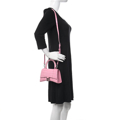 Balenciaga Shiny Calfskin Crocodile Embossed Hourglass Top Handle Bag XS Pink 2 of 11