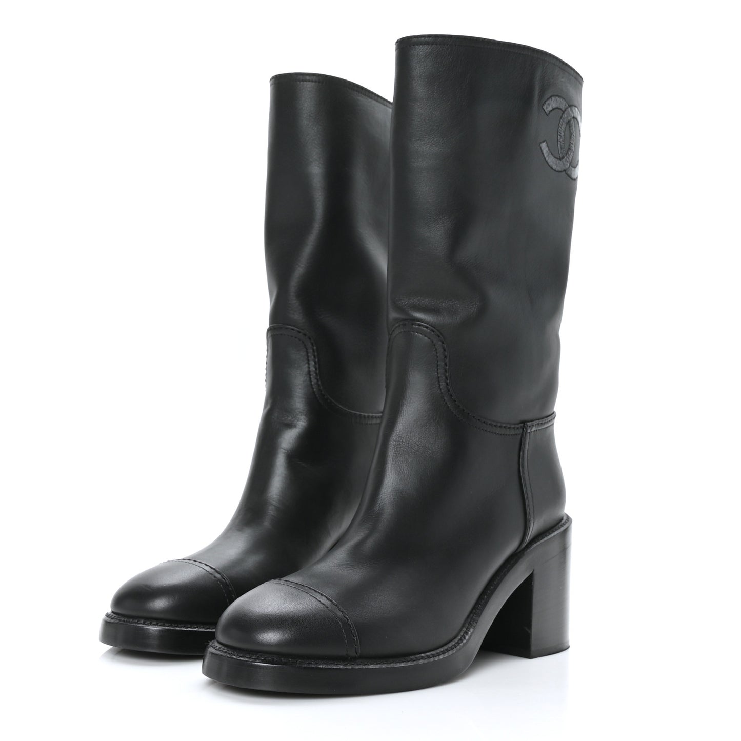Calfskin Cap Toe High Boots 40 Black