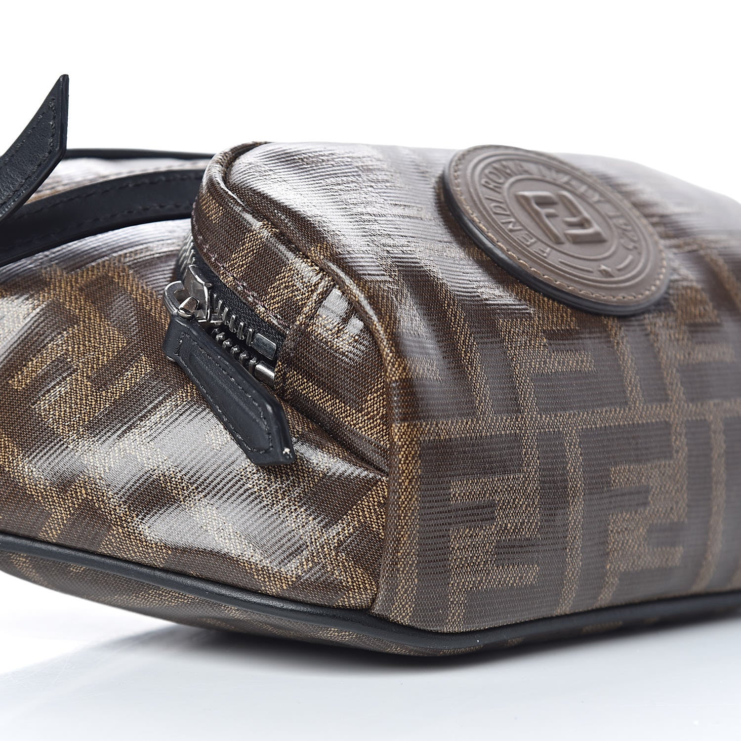 Fendi Glazed Fabric Vitello Century FF 1974 Stamp Patch Mens Pocket Belt Bag Mogano Panna Black 6 of 11