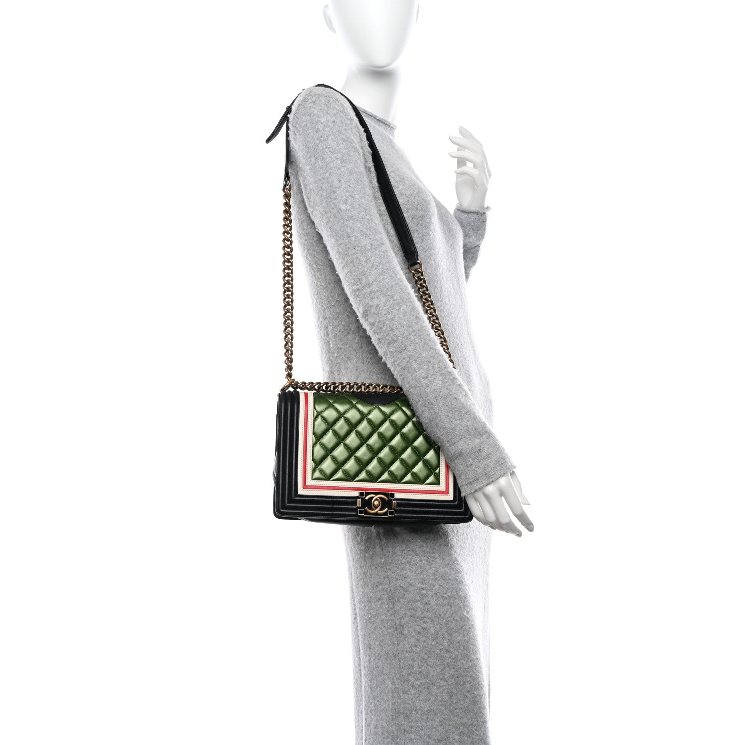 Chanel Lambskin Quilted Crest Embellished New Medium Boy Flap Black White Green 2 of 10