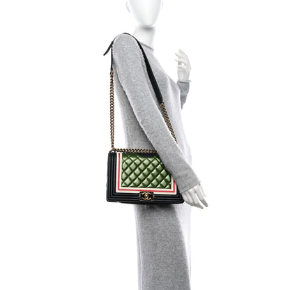 Chanel Lambskin Quilted Crest Embellished New Medium Boy Flap Black White Green 2 of 10