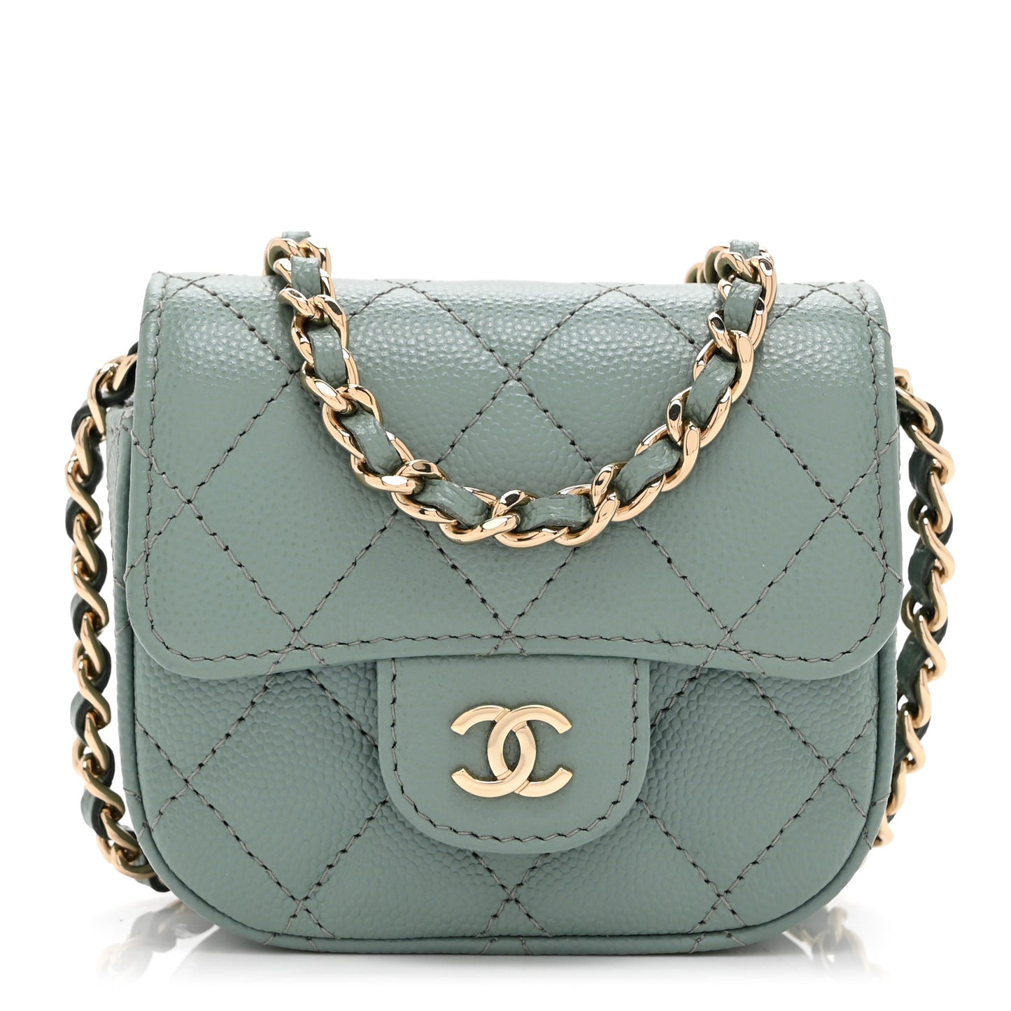 Caviar Quilted Mini Clutch With Chain Green