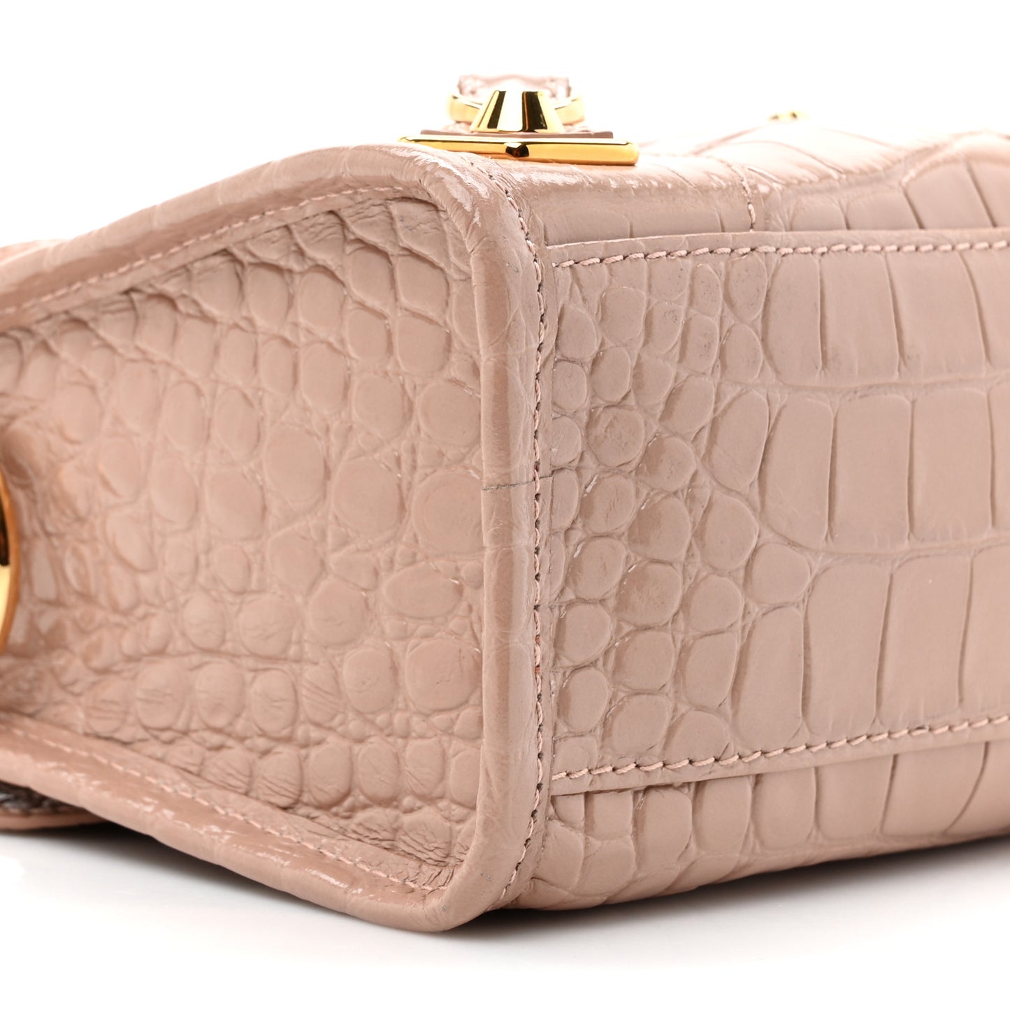 Shiny Supple Calfskin Crocodile Embossed Gold Metallic Edge Hardware Mini City Nude Beige