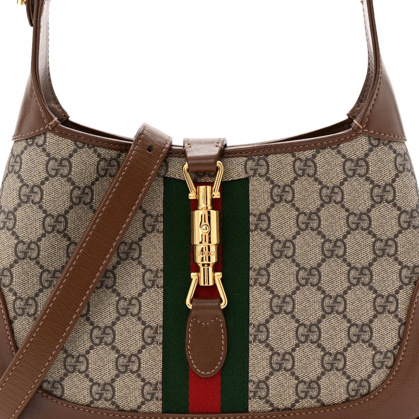 GG Supreme Monogram Azalea Calfskin Web Small Jackie 1961 Hobo Beige Ebony Brown Sugar