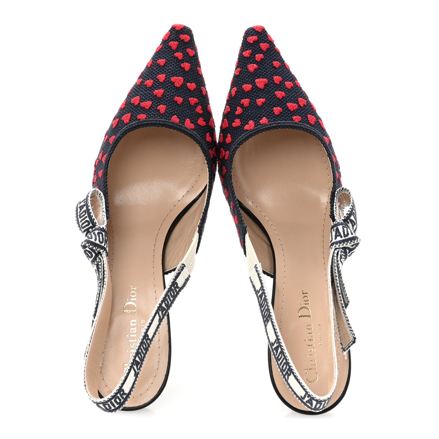 Canvas Ribbon Pop Heart I Love Paris Embroidered J'Adior Slingback 65mm Pumps 39.5 Deep Blue Red