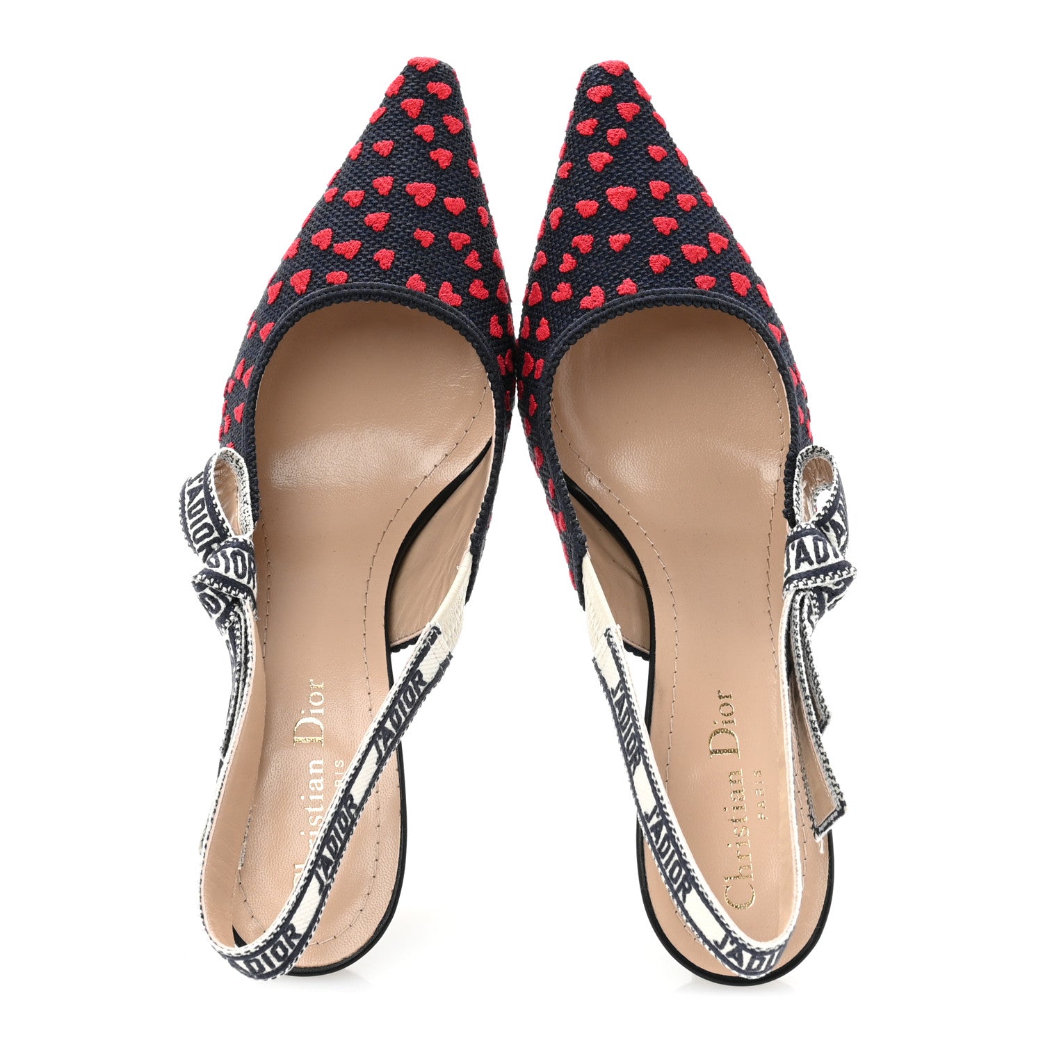 Christian Dior Canvas Ribbon Pop Heart I Love Paris Embroidered J'Adior Slingback 65mm Pumps 39.5 Deep Blue Red 2 of 10