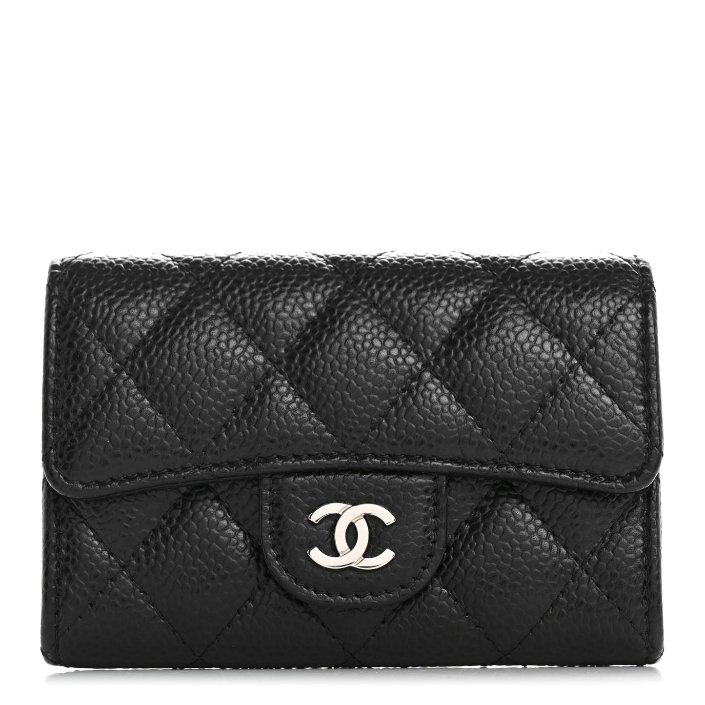 Caviar Quilted Flap Card Holder Wallet Black