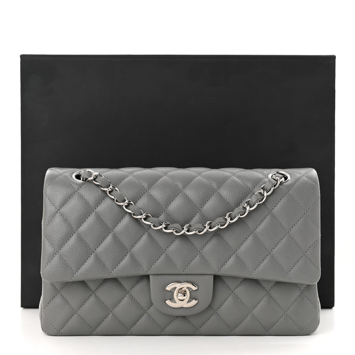 Caviar Quilted Medium Double Flap Grey
