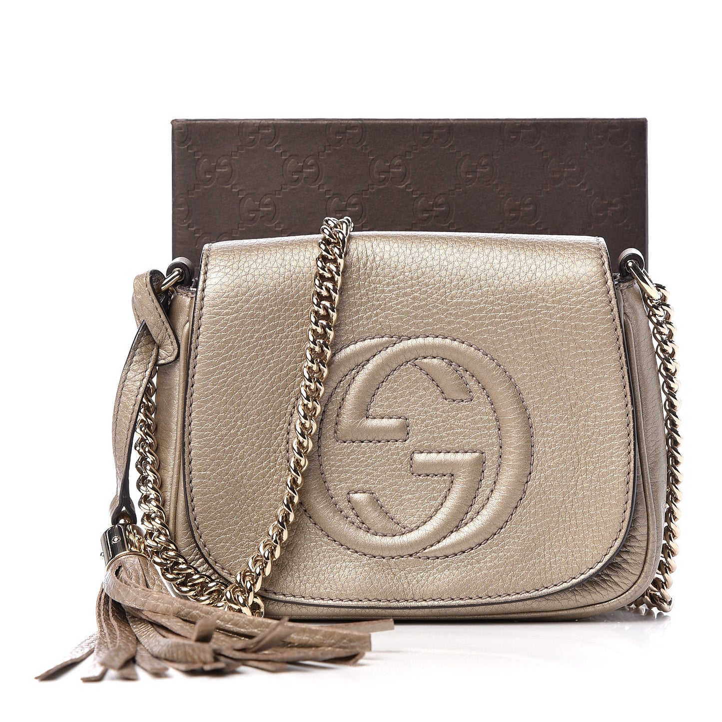 Metallic Pebbled Calfskin Small Soho Flap Crossbody Golden Beige