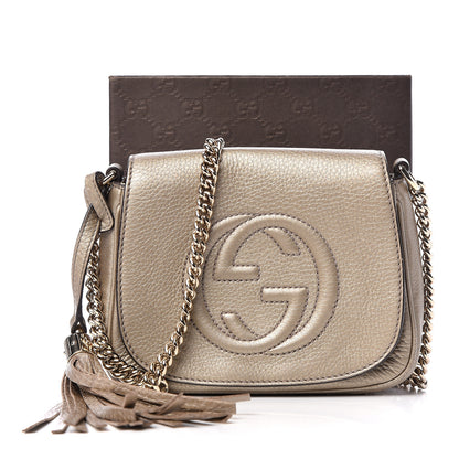 Gucci Metallic Pebbled Calfskin Small Soho Flap Crossbody Golden Beige 10 of 10