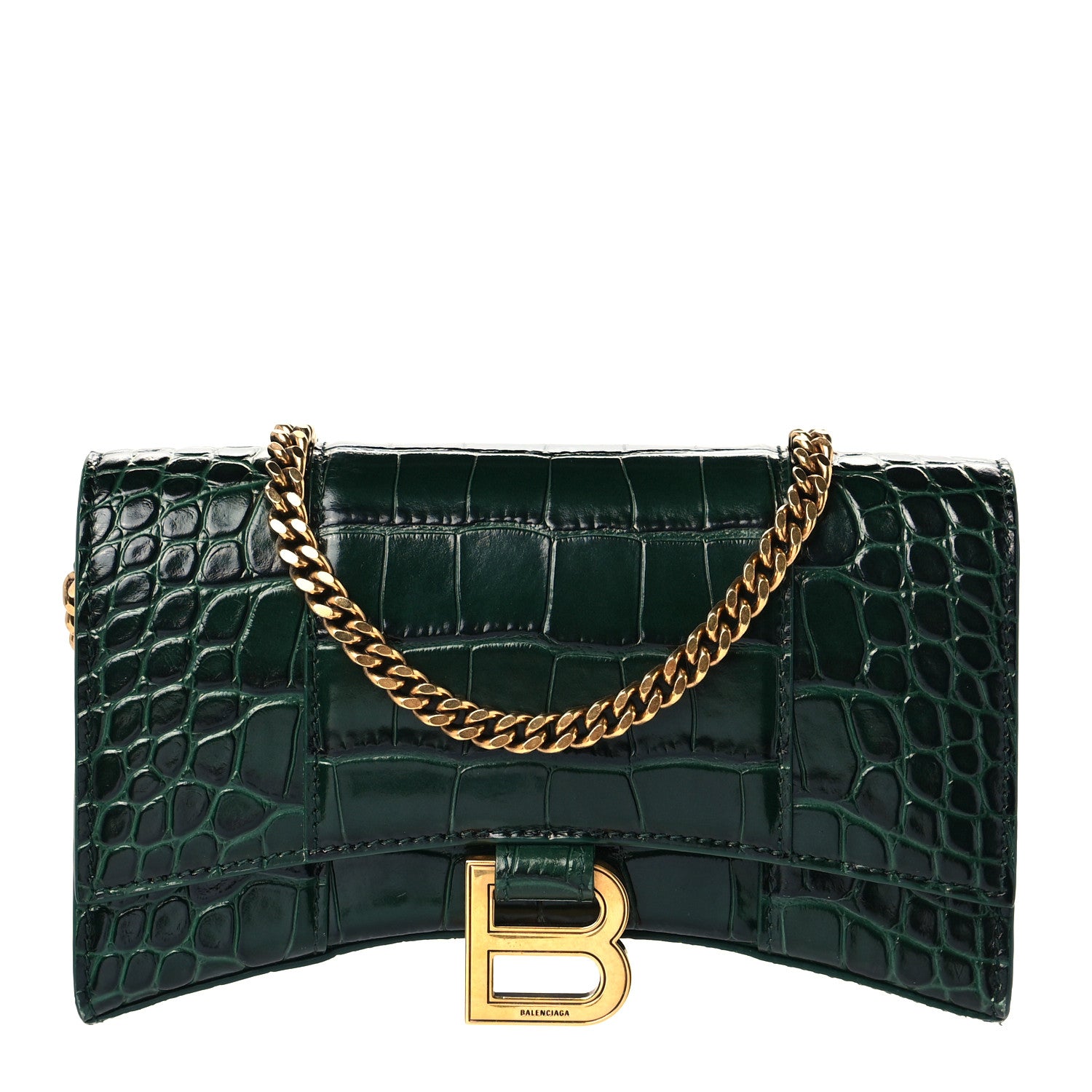 Balenciaga Shiny Calfskin Crocodile Embossed Hourglass Chain Bag Forest Green 1 of 7