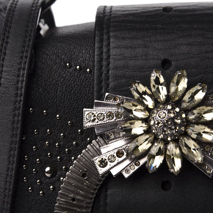 Miu Miu Goatskin Madras Soft Calfskin Crystal Embellished Dahlia Shoulder Bag Black 12 of 16