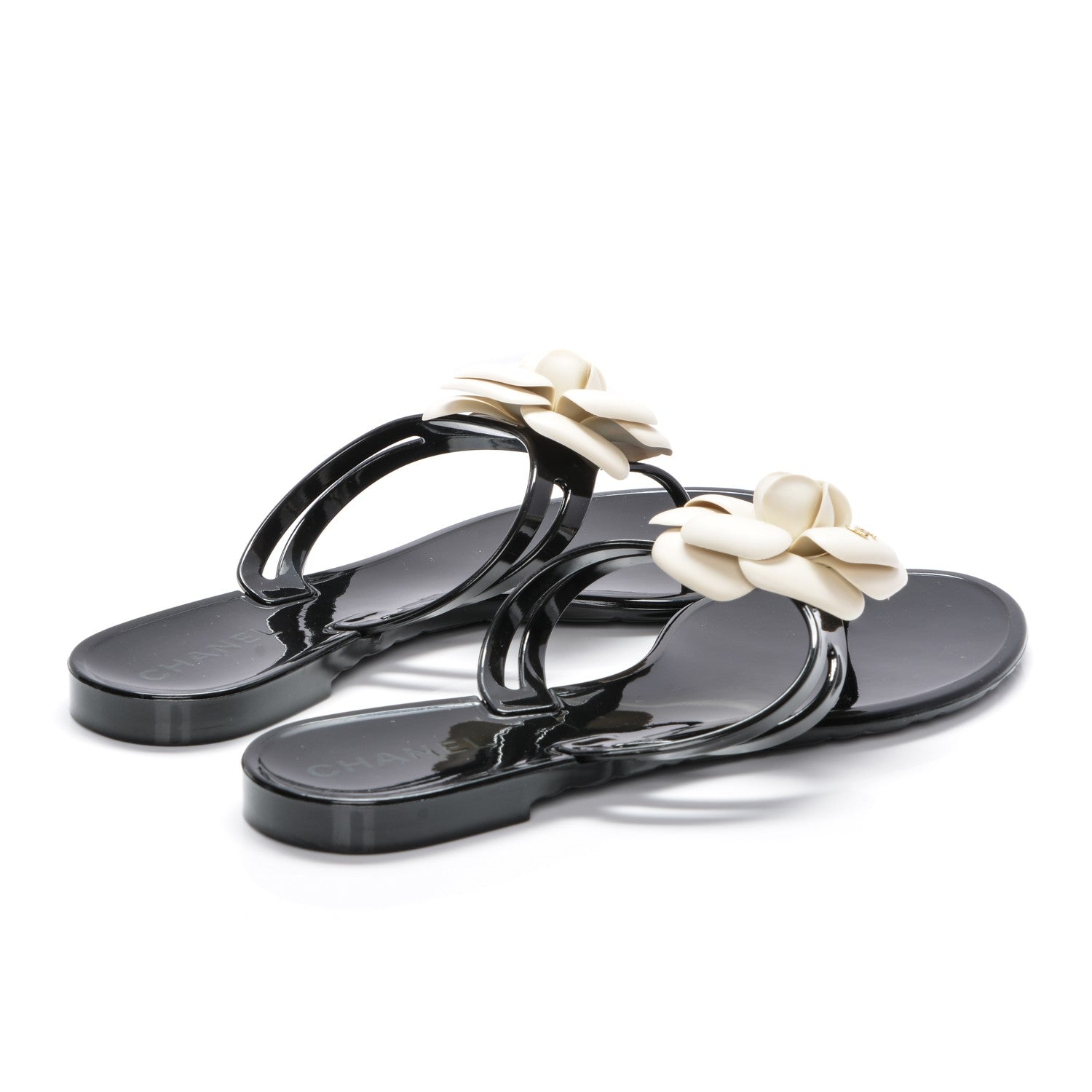 Chanel Jelly Camellia Thong Sandals 38 Black Ivory 4 of 7
