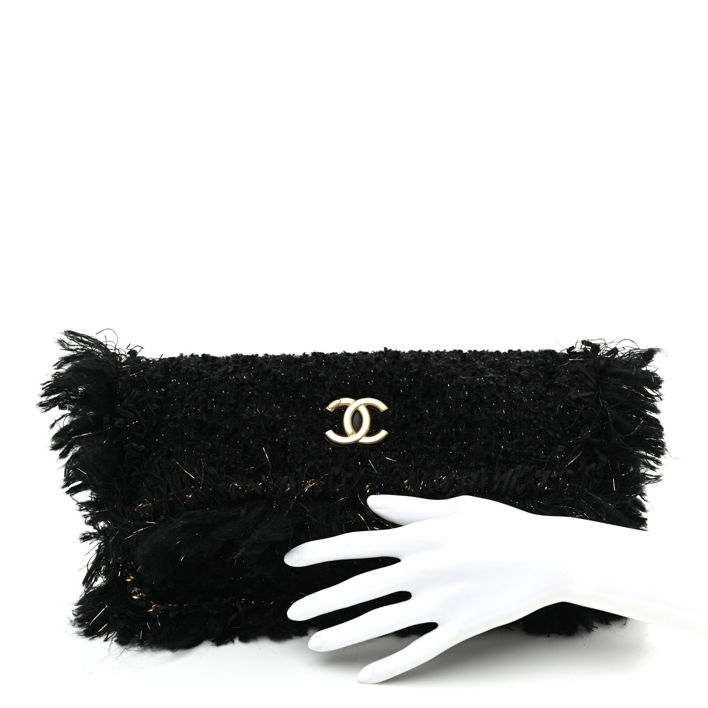 Tweed Fringe Quilted Chain Around Flap Clutch Black Gold