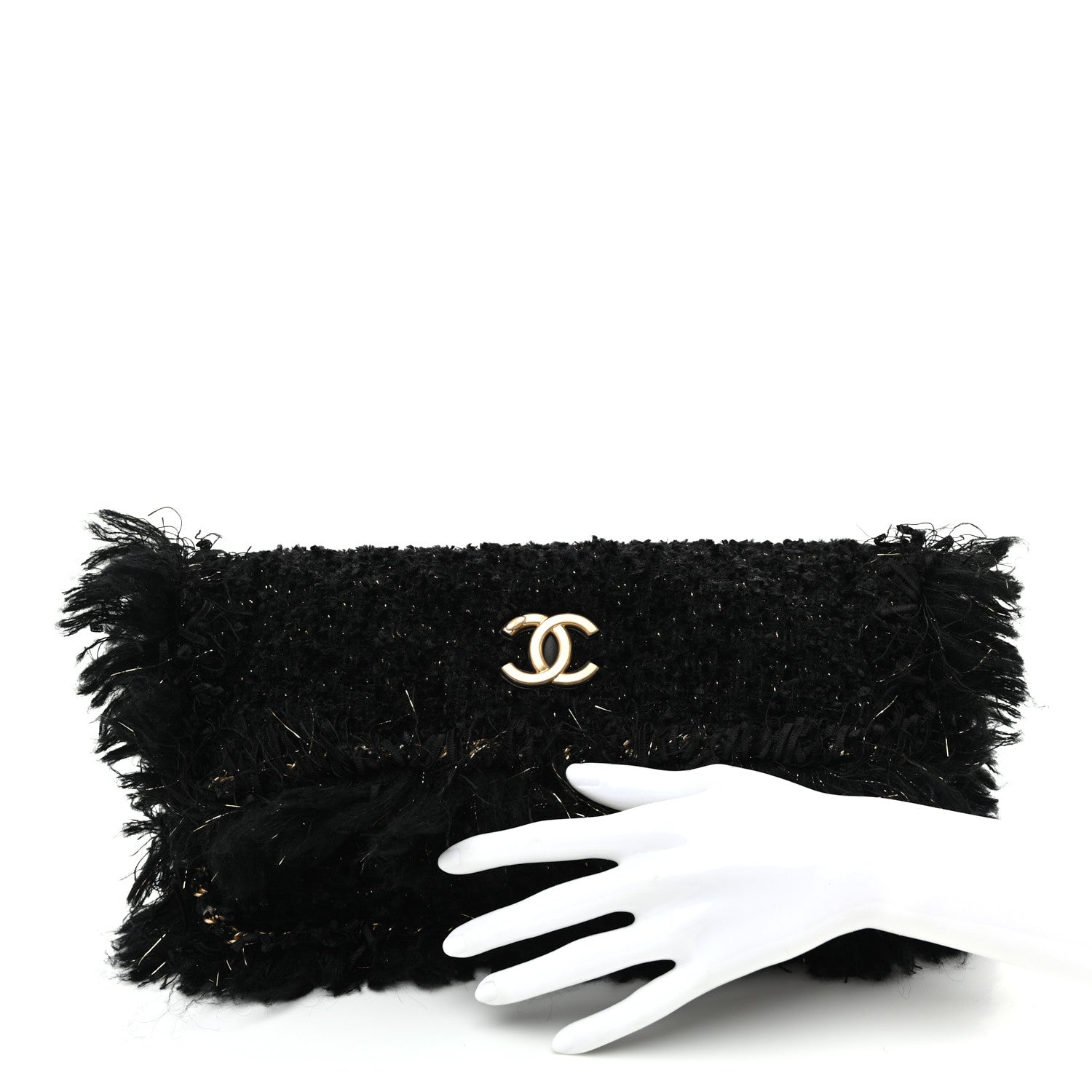 Chanel Tweed Fringe Quilted Chain Around Flap Clutch Black Gold 2 of 10