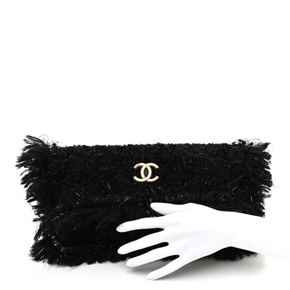 Chanel Tweed Fringe Quilted Chain Around Flap Clutch Black Gold 2 of 10