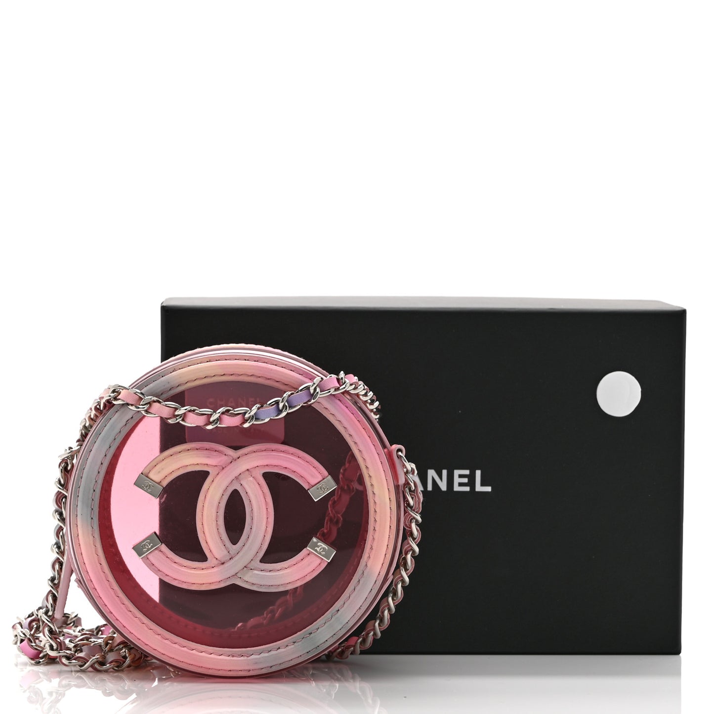PVC Lambskin Filigree Round Clutch With Chain Pink