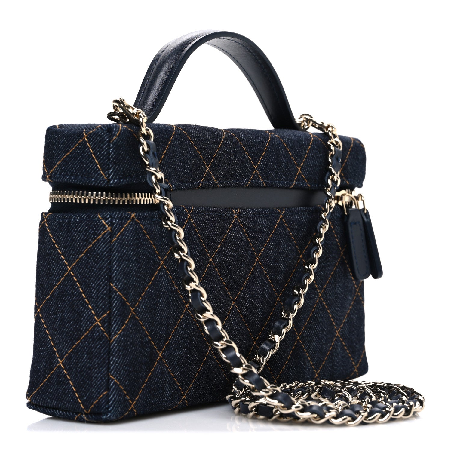 Chanel Denim Quilted Top Handle Slim Vanity Case With Chain Dark Blue Orange 2 of 11