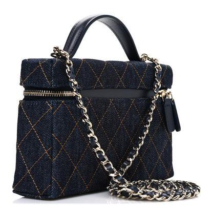 Chanel Denim Quilted Top Handle Slim Vanity Case With Chain Dark Blue Orange 2 of 11