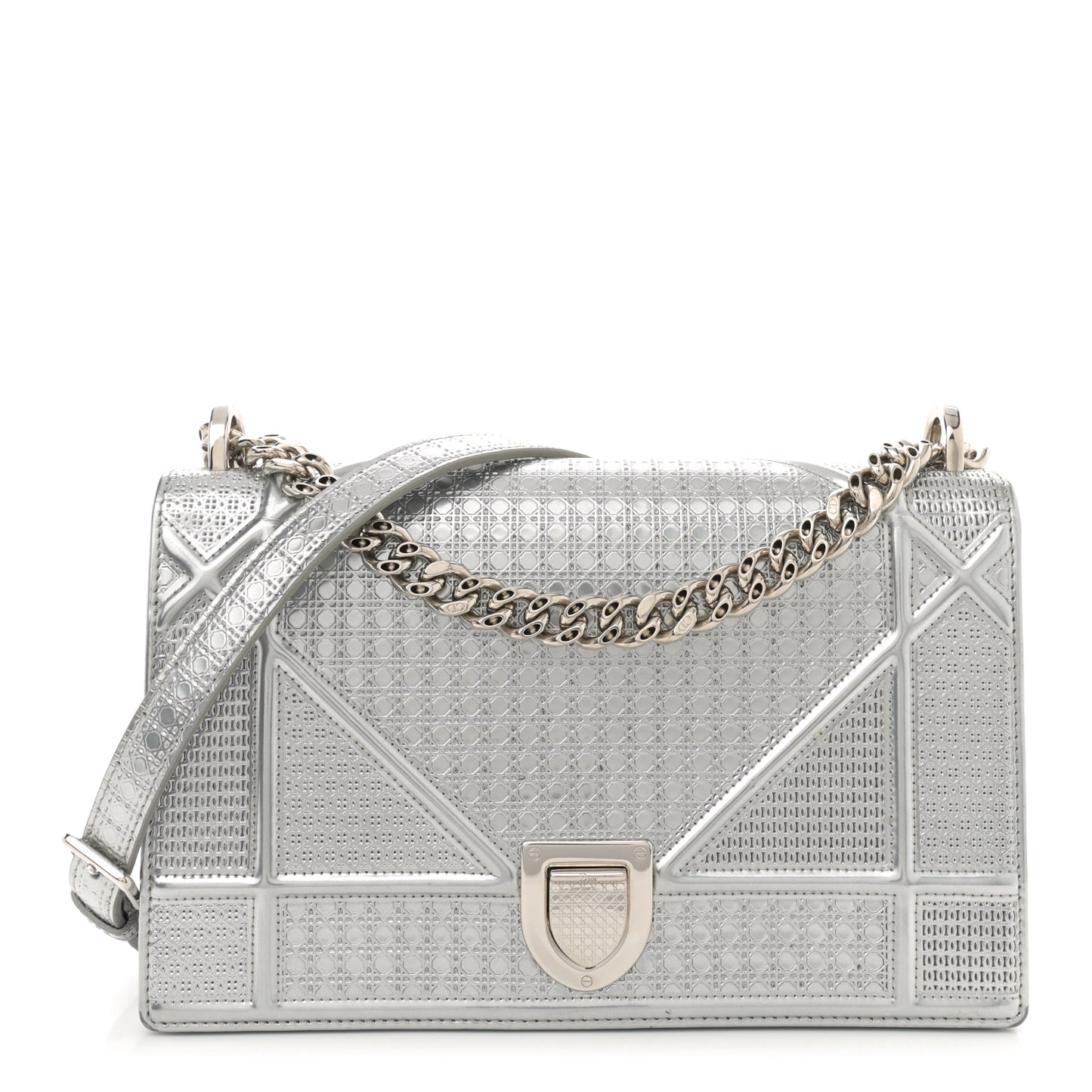 Metallic Patent Micro-Cannage Medium Diorama Flap Bag Silver