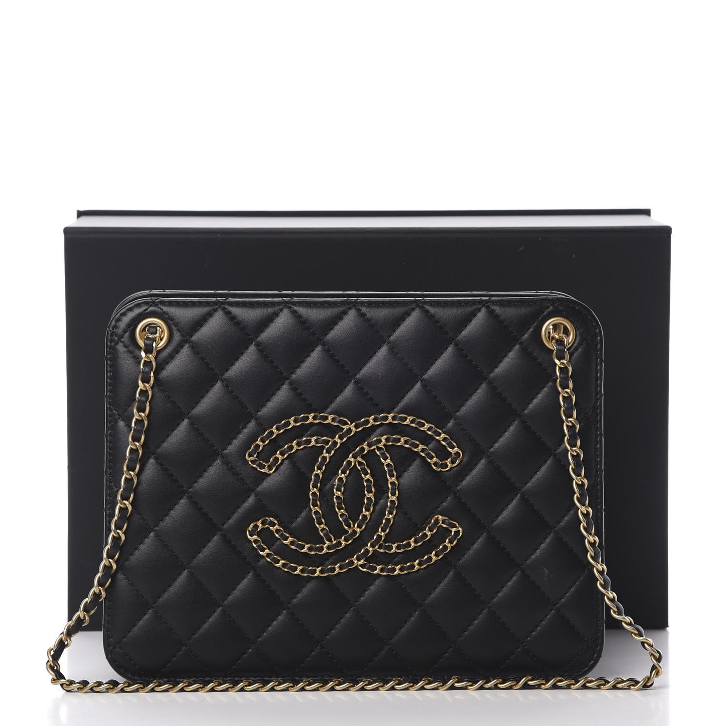 Calfskin Quilted CC Chain Accordion Tote Black