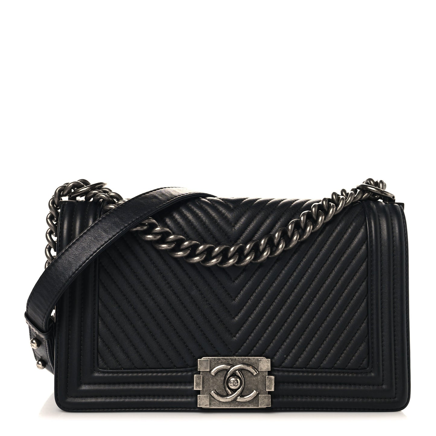 Calfskin Chevron Quilted Medium Chain Boy Flap Black