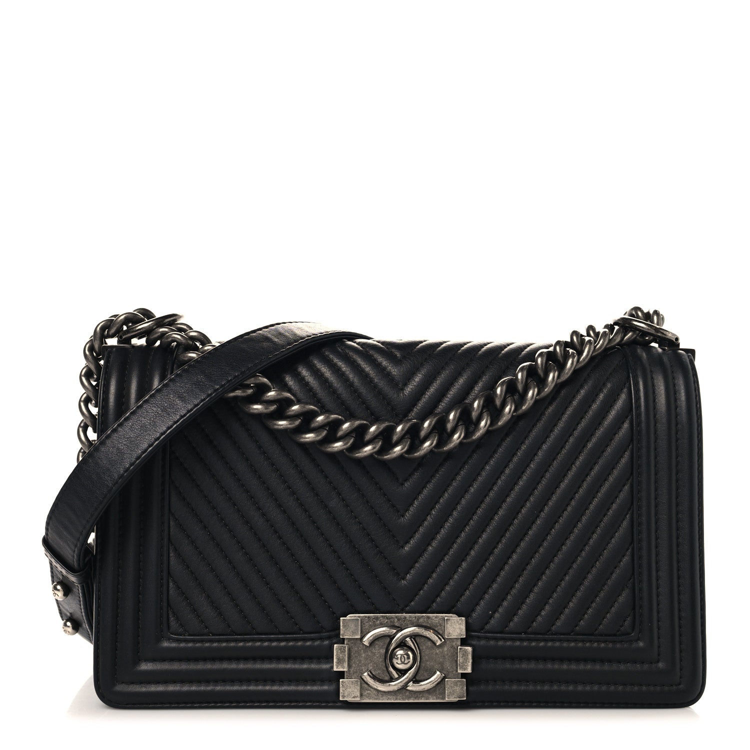 Chanel Calfskin Chevron Quilted Medium Chain Boy Flap Black 1 of 10