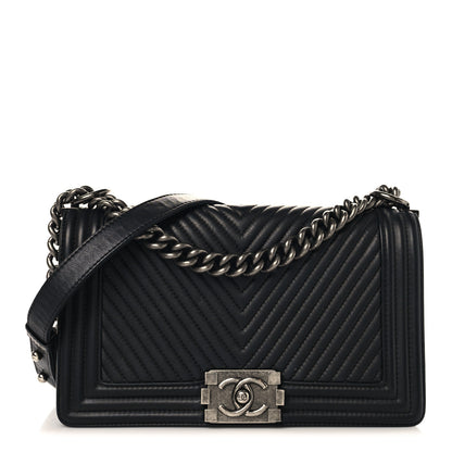 Chanel Calfskin Chevron Quilted Medium Chain Boy Flap Black 1 of 10