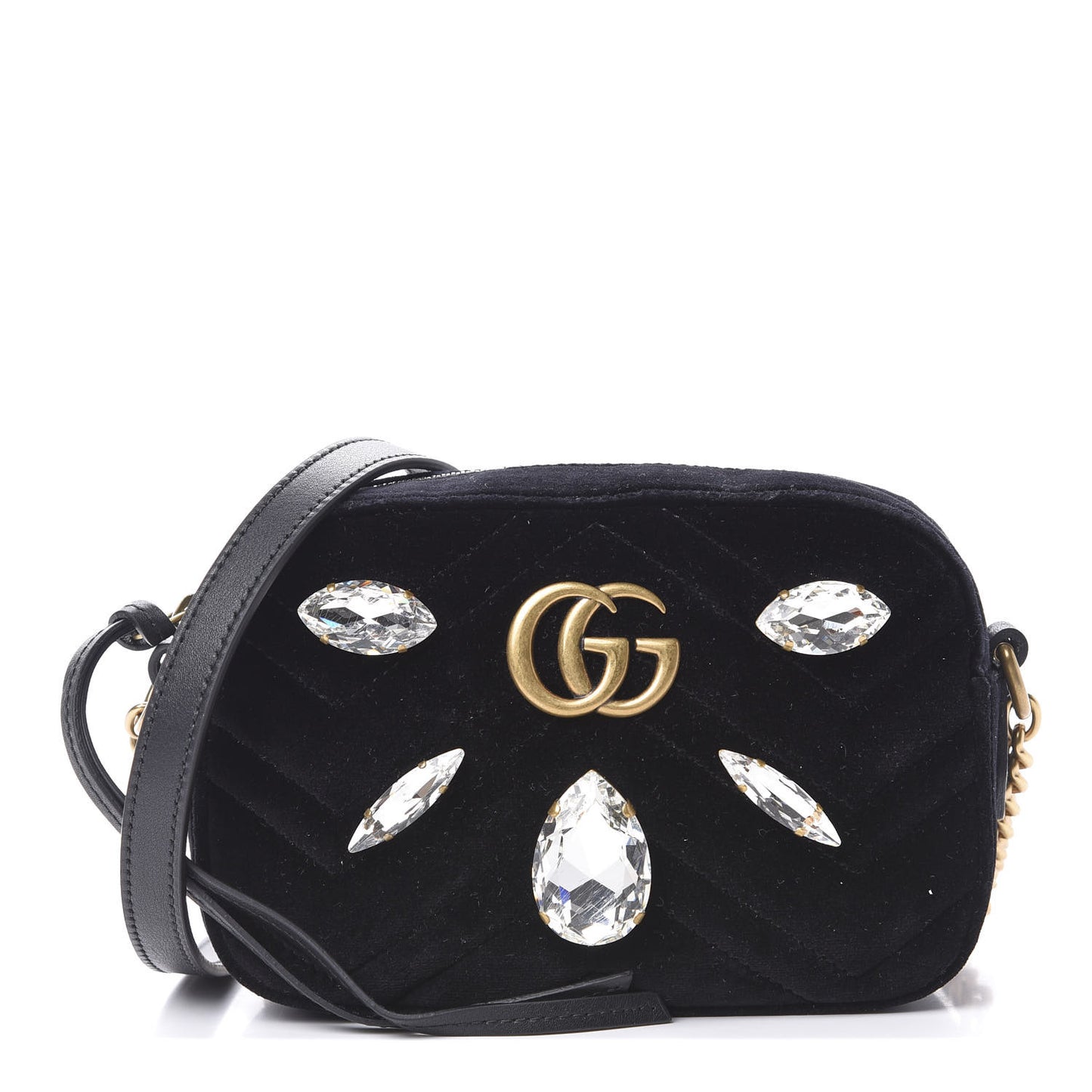 Velvet Matelasse Marquise Crystals Mini GG Marmont Chain Shoulder Bag Black