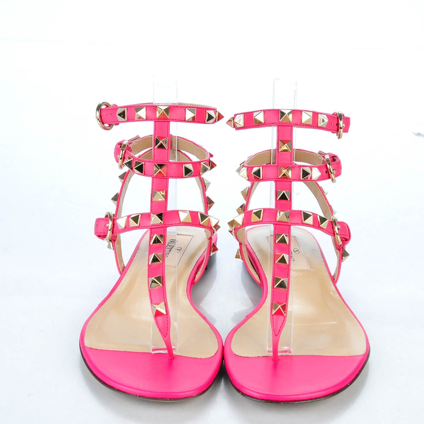 Calfskin Rockstud Ankle Wrap Flat Thong Sandals 35 Fuchsia