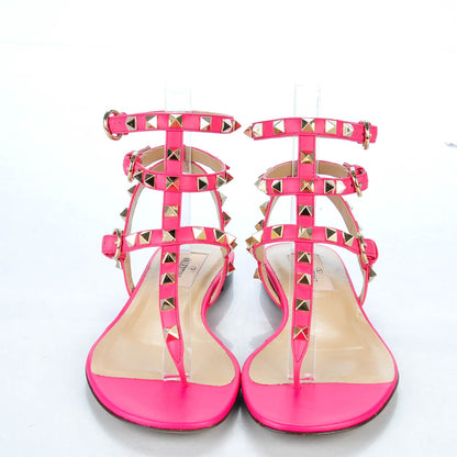 Valentino Garavani Calfskin Rockstud Ankle Wrap Flat Thong Sandals 35 Fuchsia 2 of 8