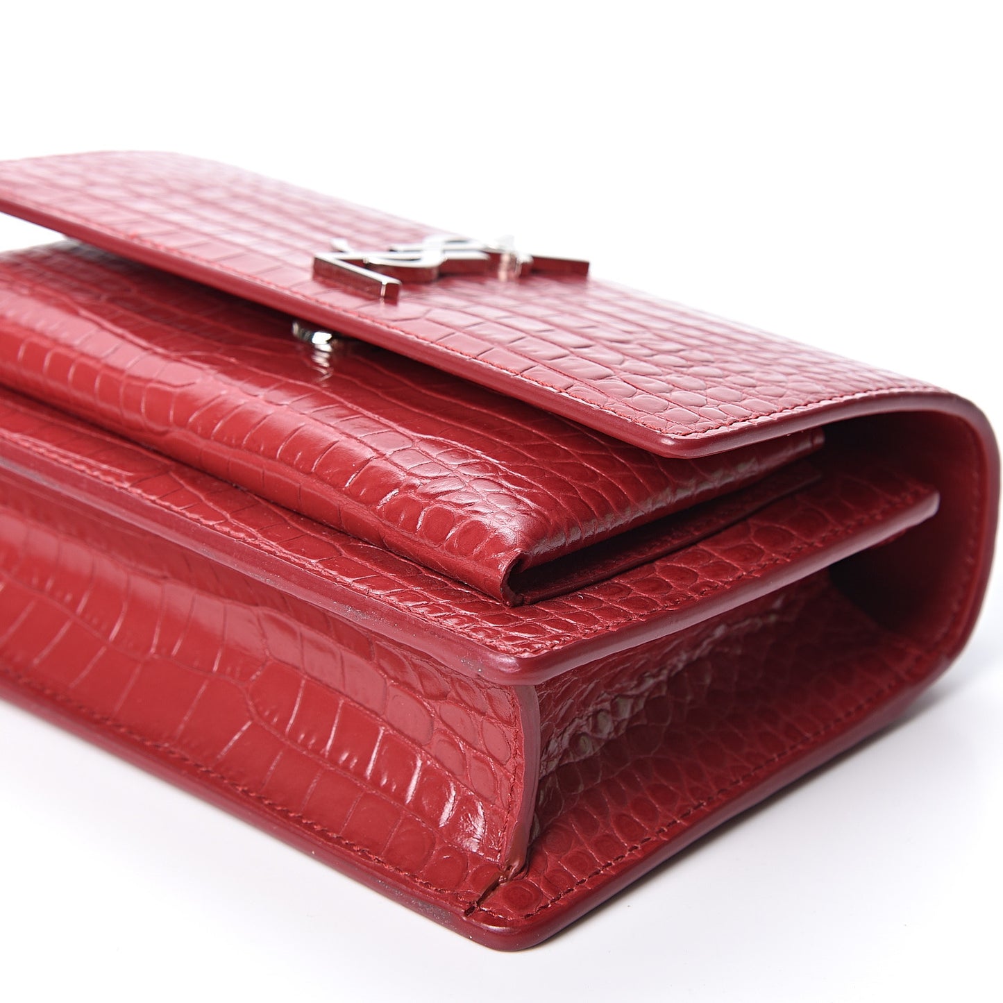 Calfskin Crocodile Embossed Monogram Sunset Chain Wallet New Lipstick Red