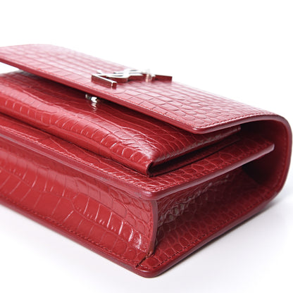 Saint Laurent Calfskin Crocodile Embossed Monogram Sunset Chain Wallet New Lipstick Red 5 of 8