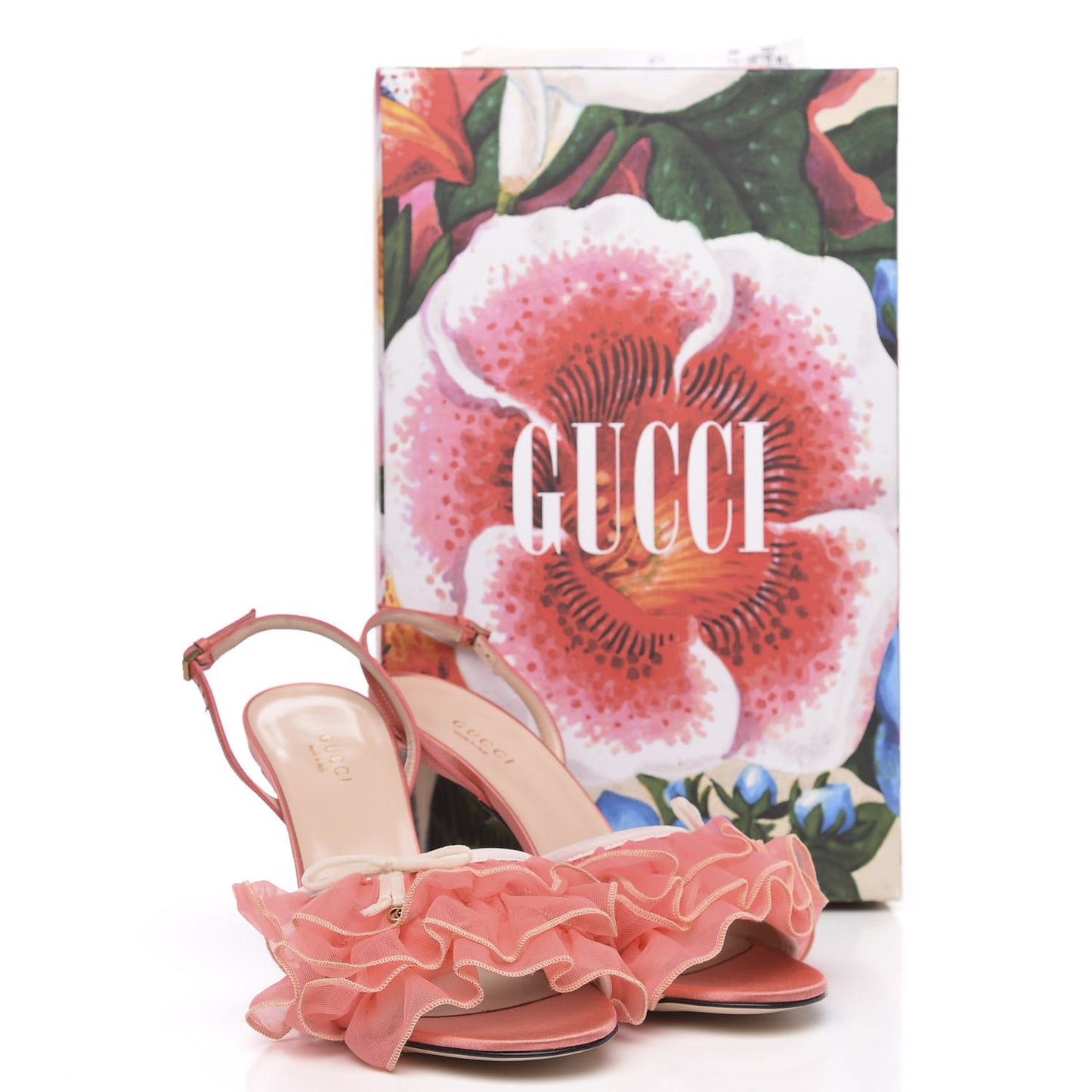 Tulle Ruffle Mid Heel Slingback Sandals 37.5 Peach White