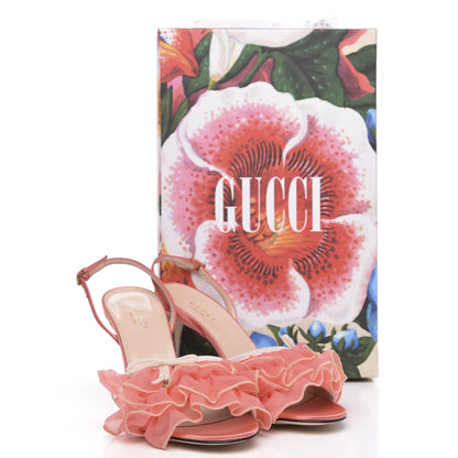 Gucci Tulle Ruffle Mid Heel Slingback Sandals 37.5 Peach White 12 of 13
