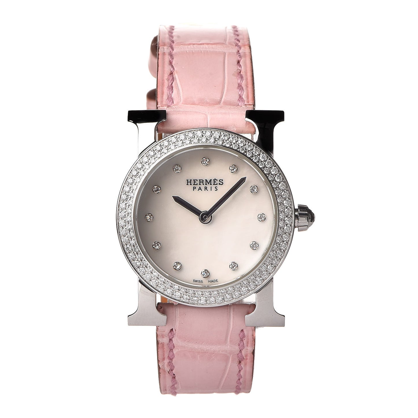 Stainless Steel Alligator Diamond Mother of Pearl 25mm Heure H Ronde Quartz Watch Pink