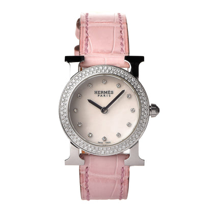 Hermes Stainless Steel Alligator Diamond Mother of Pearl 25mm Heure H Ronde Quartz Watch Pink 1 of 10