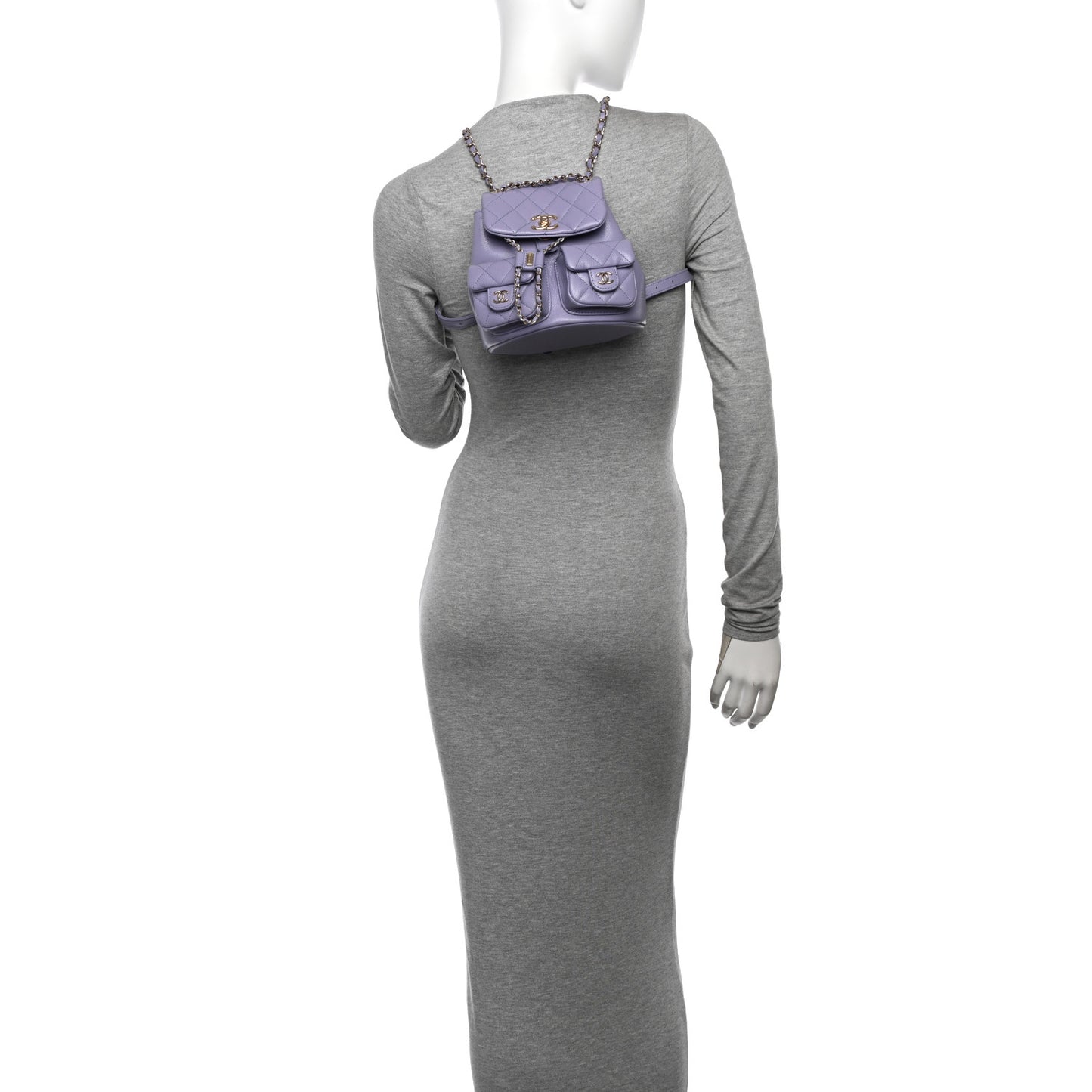 Shiny Caviar Quilted Small Duma Pockets Drawstring Backpack Light Purple
