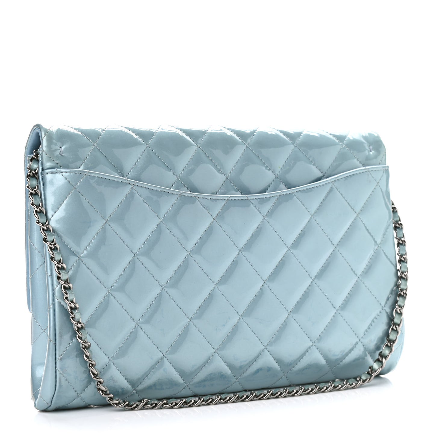 Patent Quilted Clutch With Chain Flap Blue